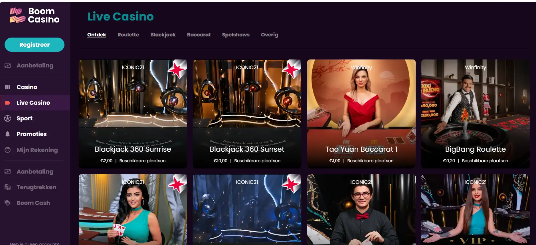 Actuele Boom Casino live-casino lobby met echte tafelcategorieen en speltegels