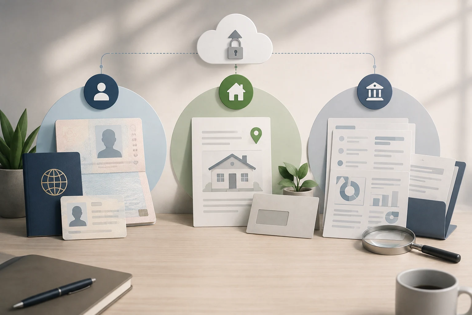 Neutrale illustratie van KYC met identiteitscontrole, adrescontrole en source-of-funds categorieën