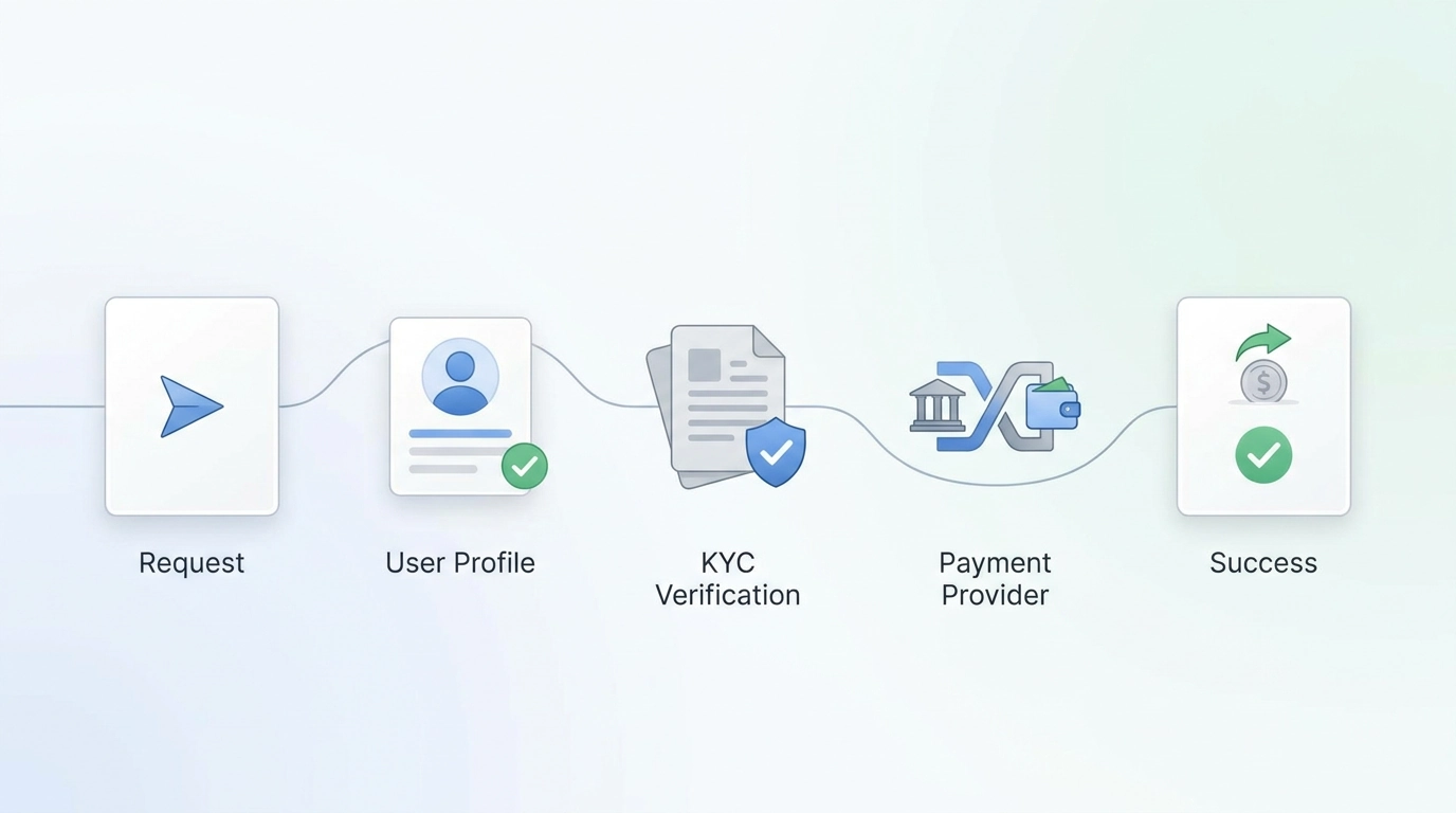 Schematische weergave van een casino-opname van aanvraag via accountcontrole en KYC naar betaalprovider en ontvangst