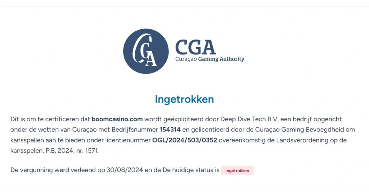 Officieel CGA-certificaat voor boomcasino.com met de actuele status Revoked